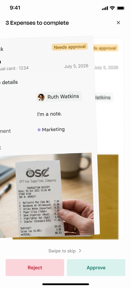 An expense being swiped aside, the next one already behind it, with the header now reading 3 Expenses to complete.