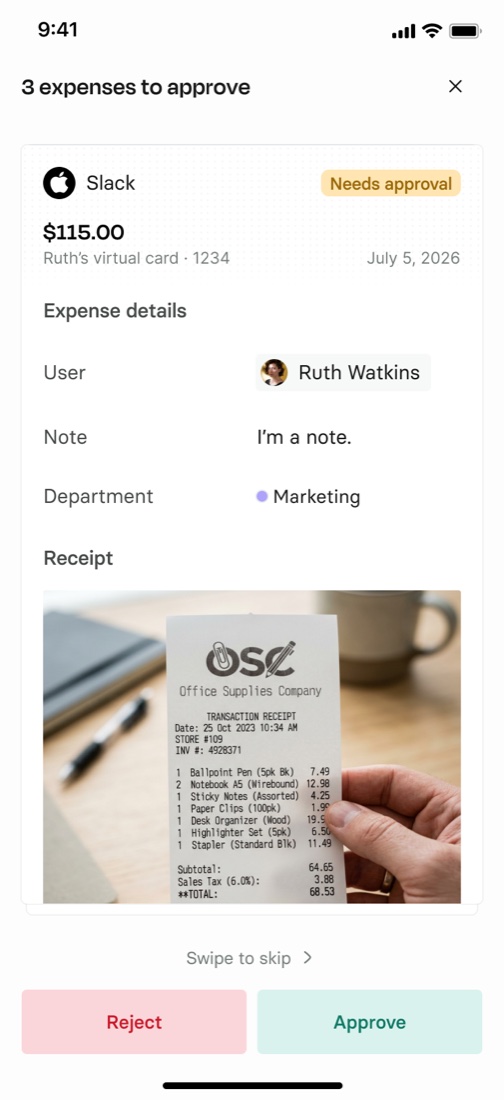 The expense opened in Rho: Slack, $115.00 on Ruth’s virtual card, the expense details, the receipt, and Reject and Approve at the bottom.