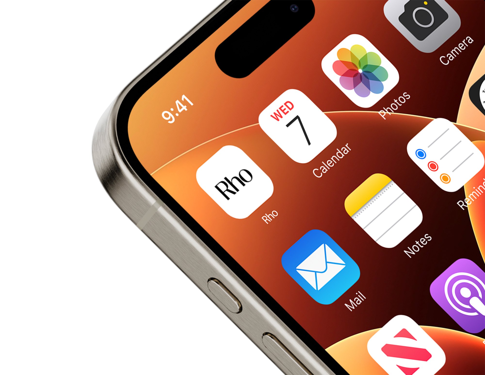 Close-up of an iPhone home screen with the Rho app icon beside Calendar, Photos, Notes and Mail