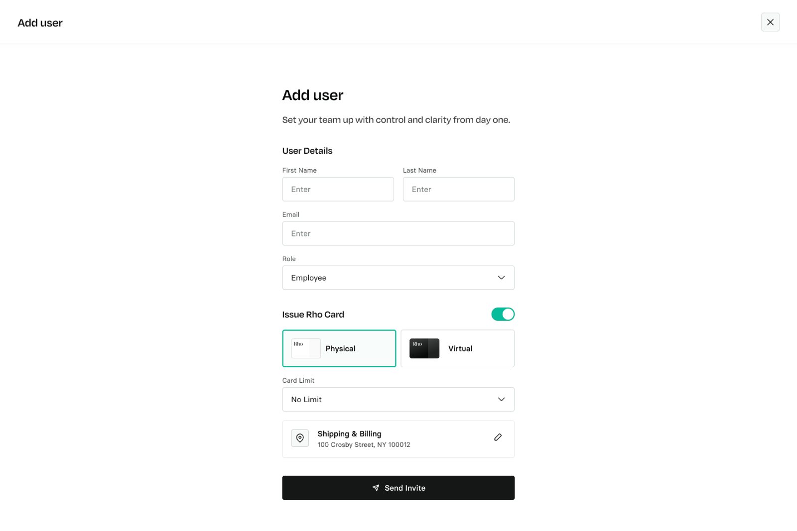 The new Add user page: name, email and role, then Issue Rho Card, card limit and shipping